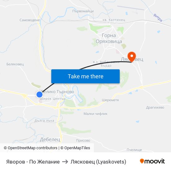Яворов - По Желание to Лясковец (Lyaskovets) map