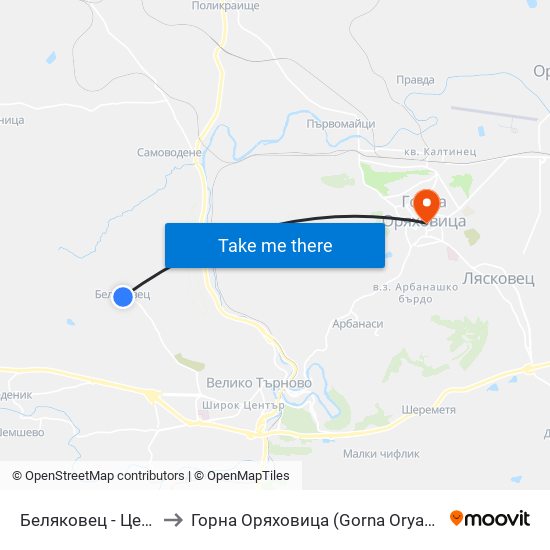 Беляковец - Център to Горна Оряховица (Gorna Oryahovitsa) map