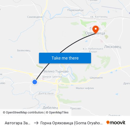 Автогара Запад to Горна Оряховица (Gorna Oryahovitsa) map