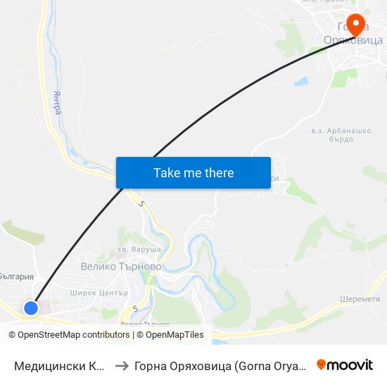 Медицински Колеж to Горна Оряховица (Gorna Oryahovitsa) map