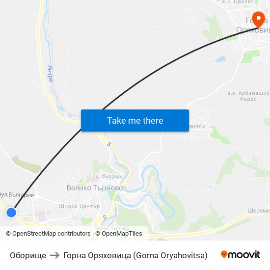 Оборище / Oborishte to Горна Оряховица (Gorna Oryahovitsa) map