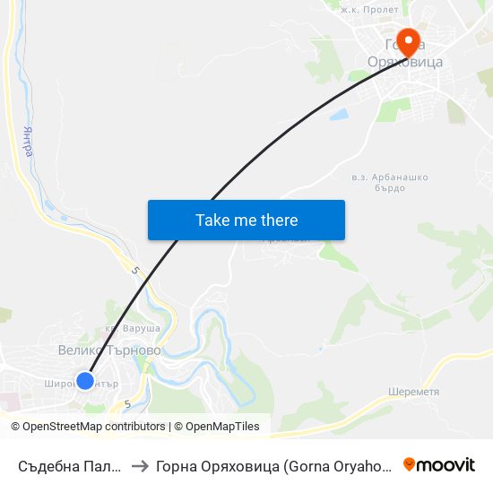 Съдебна Палата to Горна Оряховица (Gorna Oryahovitsa) map