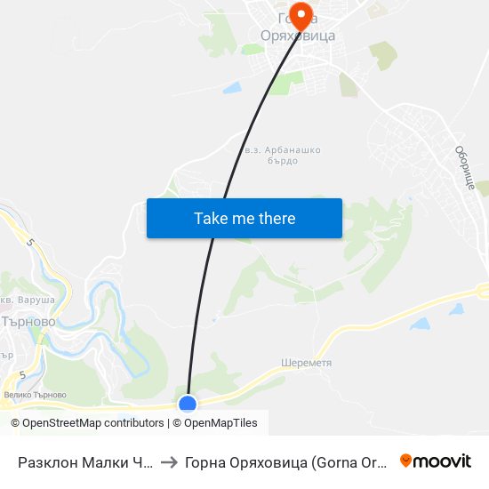 Разклон Малки Чифлик / Fork Road For Malki Chiflik to Горна Оряховица (Gorna Oryahovitsa) map