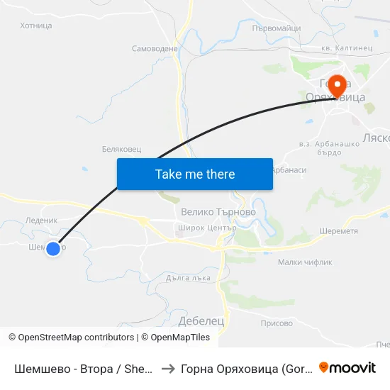 Шемшево - Втора / Shemshevo - Second to Горна Оряховица (Gorna Oryahovitsa) map