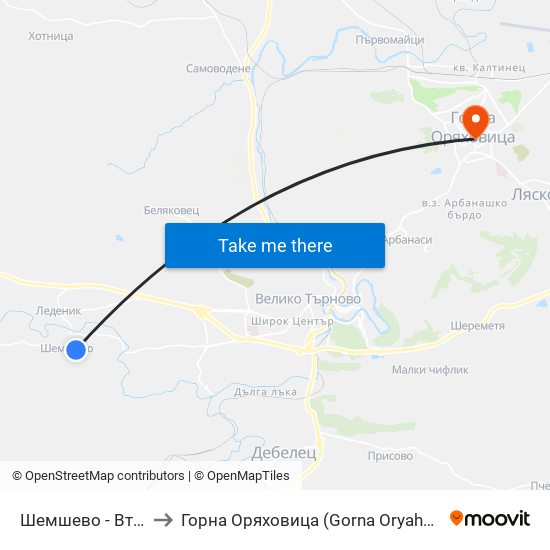 Шемшево - Втора / Shemshevo - Second to Горна Оряховица (Gorna Oryahovitsa) map