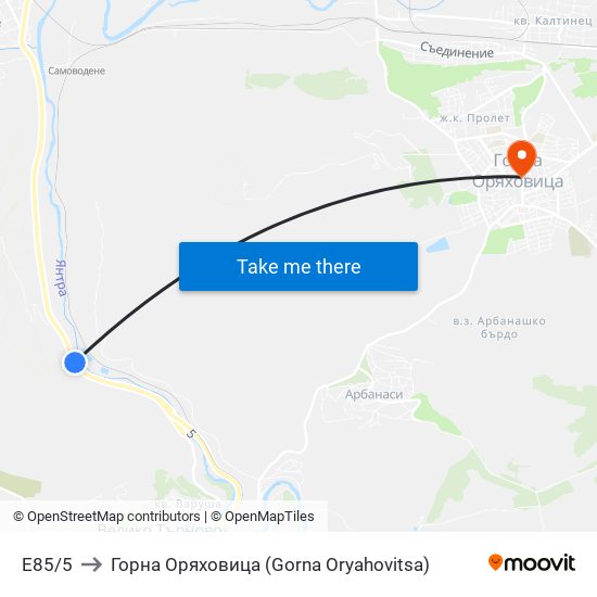 E85/5 to Горна Оряховица (Gorna Oryahovitsa) map