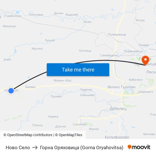 Ново Село / Novo Selo to Горна Оряховица (Gorna Oryahovitsa) map