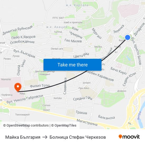 Майка България / Mother Bulgaria to Болница Стефан Черкезов map