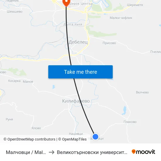 Малчовци / Malchovtsi to Великотърновски университет Корпус 4 map