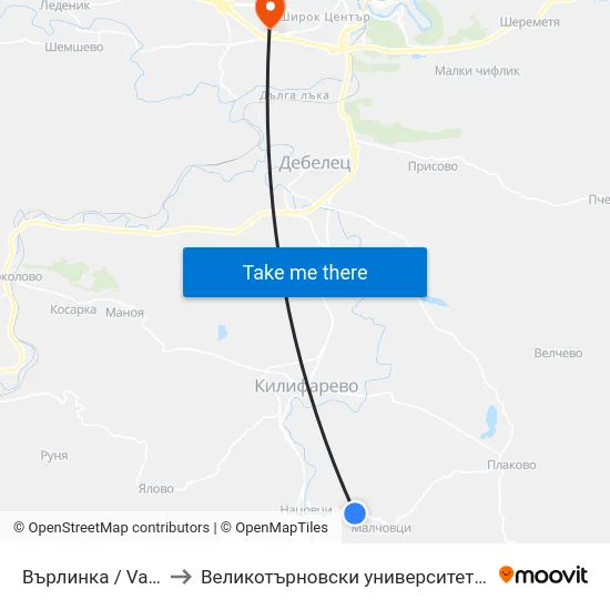 Върлинка / Varlinka to Великотърновски университет Корпус 4 map