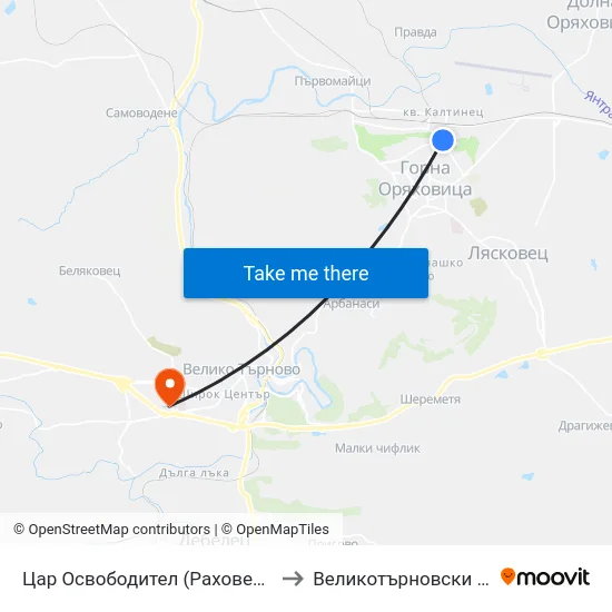 Цар Освободител (Раховец) / Tsar Osvoboditel (Rahovets) to Великотърновски университет Корпус 4 map