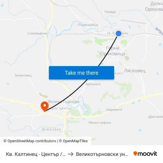 Кв. Калтинец - Център / Kaltinets Qr. - Centre to Великотърновски университет Корпус 4 map