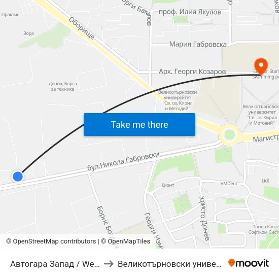 Автогара Запад / West Bus Station to Великотърновски университет Корпус 4 map