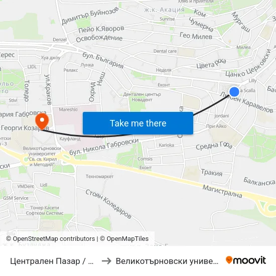 Централен Пазар / Central Market to Великотърновски университет Корпус 4 map