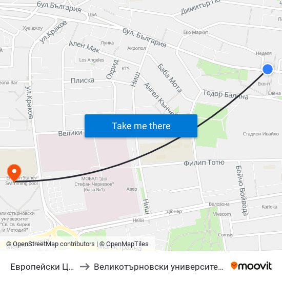 Европейски Център / European Centre to Великотърновски университет Корпус 4 map