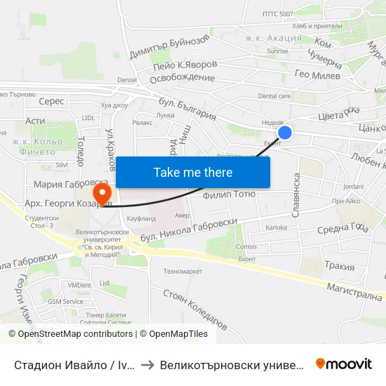 Стадион Ивайло / Ivaylo Stadium to Великотърновски университет Корпус 4 map