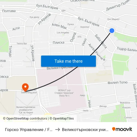 Горско Управление / Forest Management to Великотърновски университет Корпус 4 map