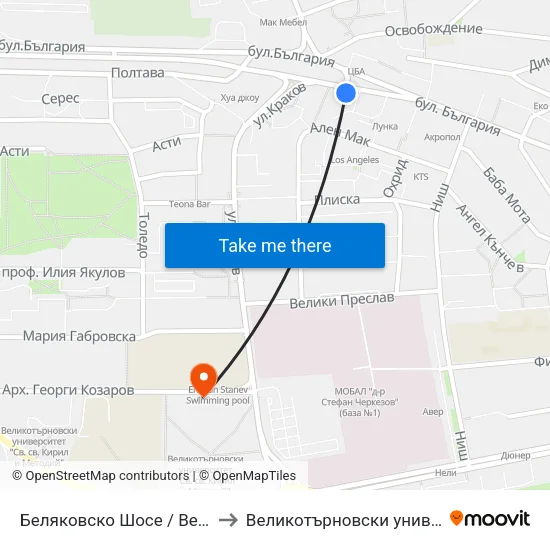 Беляковско Шосе / Belyakovsko Shosse to Великотърновски университет Корпус 4 map