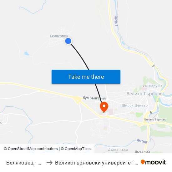 Беляковец - Втора to Великотърновски университет Корпус 4 map