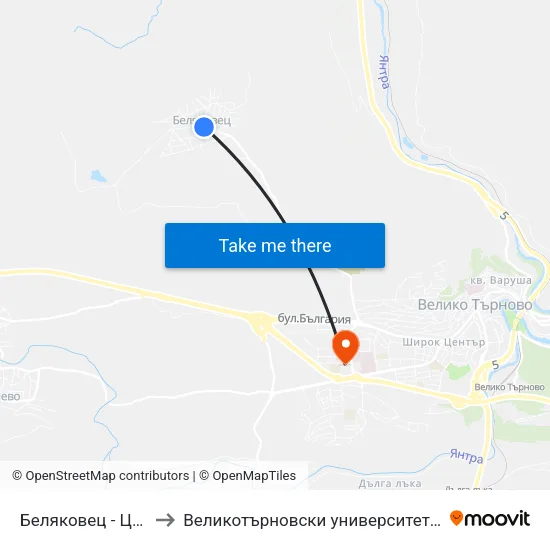 Беляковец - Център to Великотърновски университет Корпус 4 map