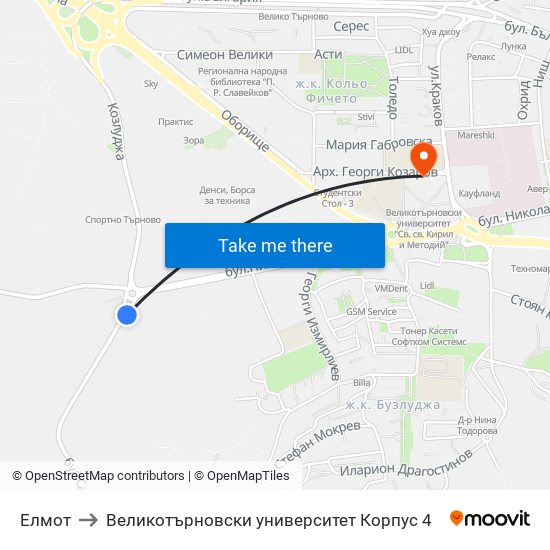 Елмот / Elmot to Великотърновски университет Корпус 4 map