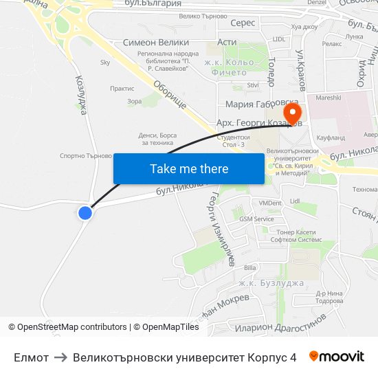 Елмот to Великотърновски университет Корпус 4 map