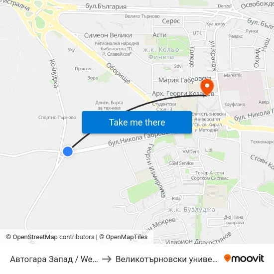 Автогара Запад / West Bus Station to Великотърновски университет Корпус 4 map