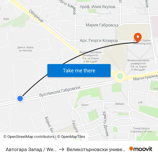 Автогара Запад / West Bus Station to Великотърновски университет Корпус 4 map