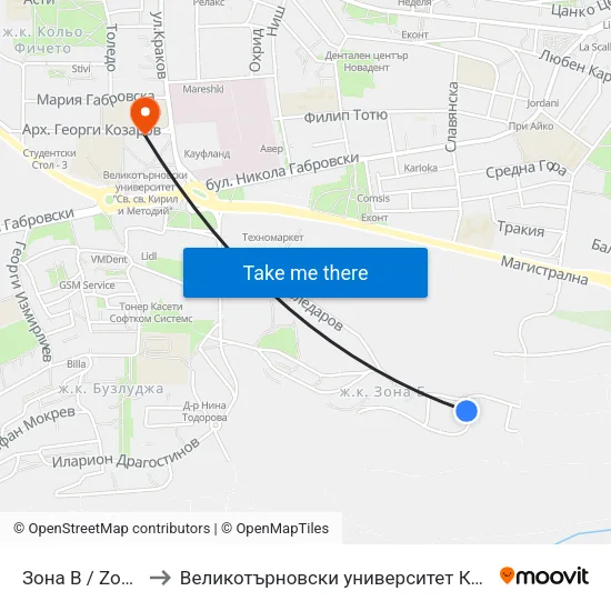 Зона В / Zona V to Великотърновски университет Корпус 4 map