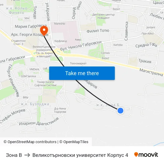 Зона В to Великотърновски университет Корпус 4 map