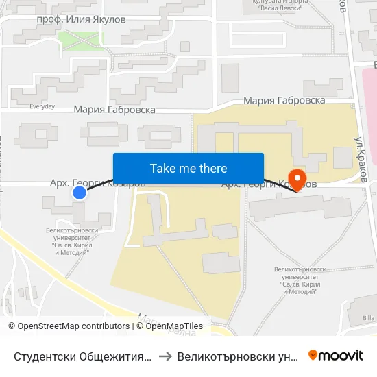 Студентски Общежития / Student Dormitories to Великотърновски университет Корпус 4 map