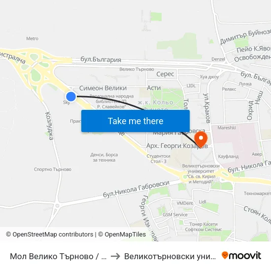 Мол Велико Търново / Mall Veliko Tarnovo to Великотърновски университет Корпус 4 map