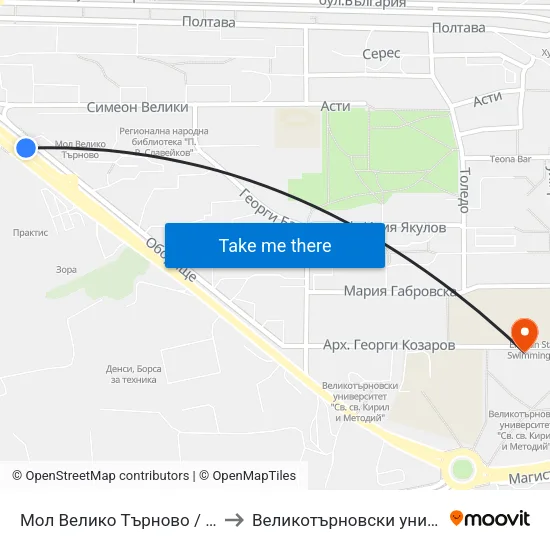 Мол Велико Търново / Mall Veliko Tarnovo to Великотърновски университет Корпус 4 map
