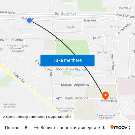 Полтава - Втора / Poltava - Second to Великотърновски университет Корпус 4 map