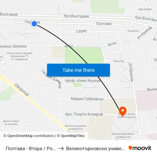 Полтава - Втора / Poltava - Second to Великотърновски университет Корпус 4 map