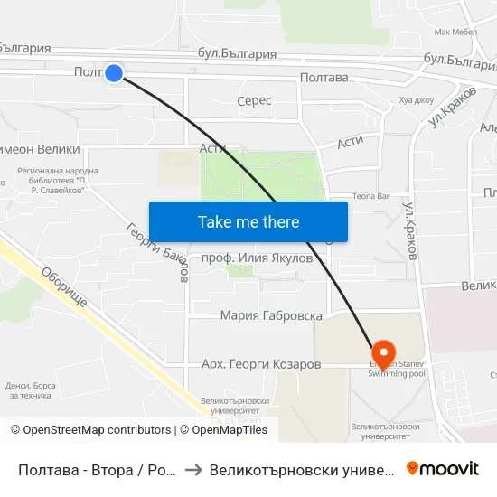 Полтава - Втора / Poltava - Second to Великотърновски университет Корпус 4 map