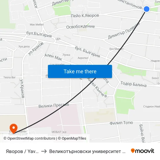 Яворов / Yavorov to Великотърновски университет Корпус 4 map