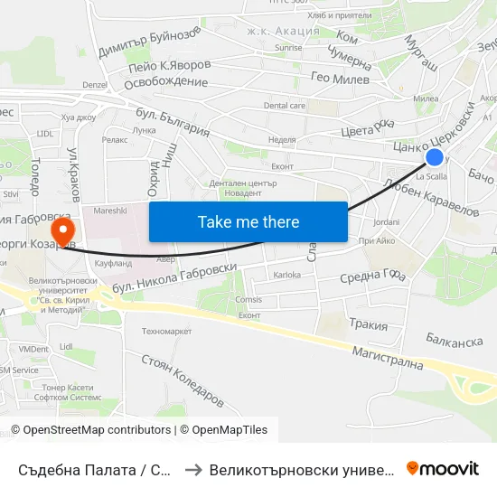 Съдебна Палата / Court Of Justice to Великотърновски университет Корпус 4 map