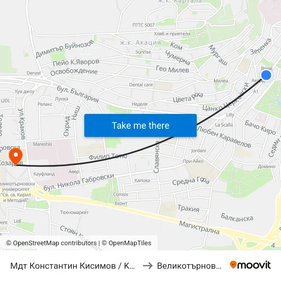Мдт Константин Кисимов / Konstantin Kisimov Musical And Dramatic Theatre to Великотърновски университет Корпус 4 map