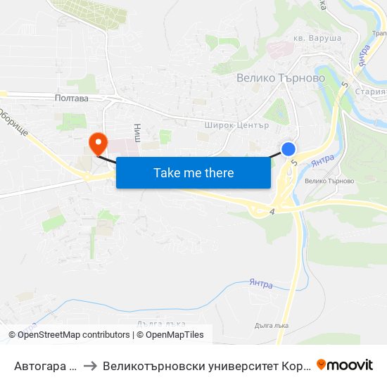 Автогара Юг / South Bus Station to Великотърновски университет Корпус 4 map