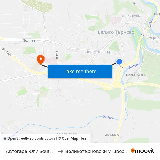 Автогара Юг / South Bus Station to Великотърновски университет Корпус 4 map