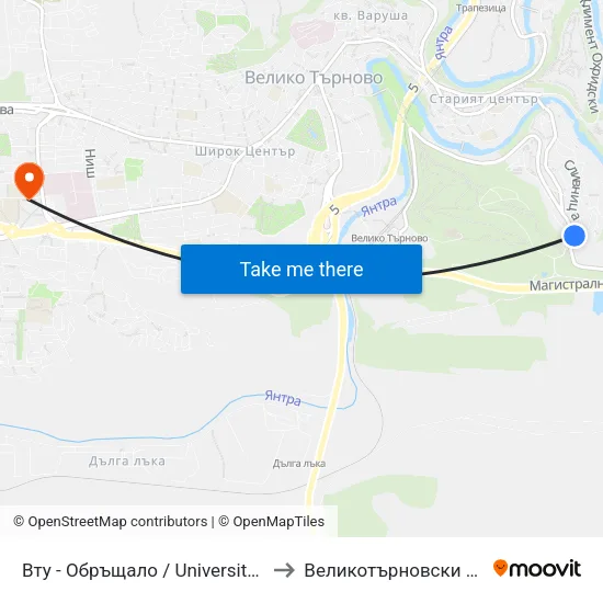 Вту - Обръщало / University Of Veliko Tarnovo - Terminus to Великотърновски университет Корпус 4 map