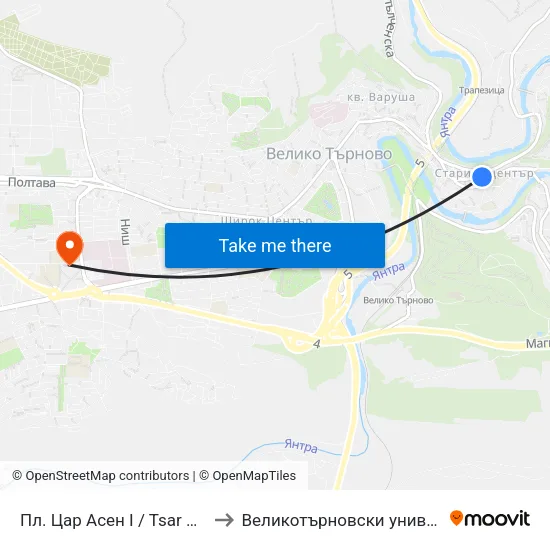 Пл. Цар Асен I / Tsar Asen the First Sq. to Великотърновски университет Корпус 4 map