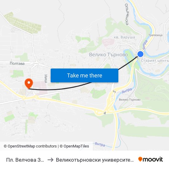 Пл. Велчова Завера / Velchova Zavera Sq. to Великотърновски университет Корпус 4 map