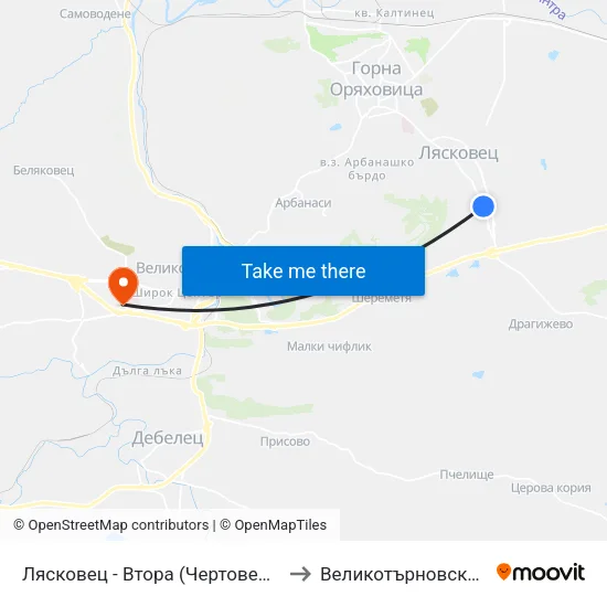Лясковец - Втора (Чертовец) / Lyaskovets - Second (Chertovets) to Великотърновски университет Корпус 4 map