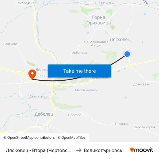 Лясковец - Втора (Чертовец) / Lyaskovets - Second (Chertovets) to Великотърновски университет Корпус 4 map