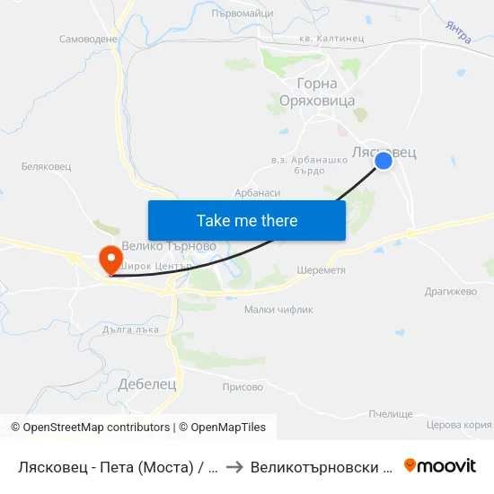 Лясковец - Пета (Моста) / Lyaskovets - Fifth (The Bridge) to Великотърновски университет Корпус 4 map