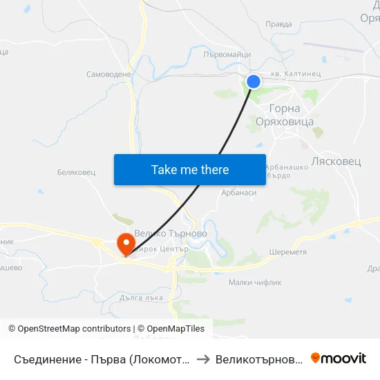 Съединение - Първа (Локомотивно Депо) / Saedinenie - First (Locomotive Depot) to Великотърновски университет Корпус 4 map