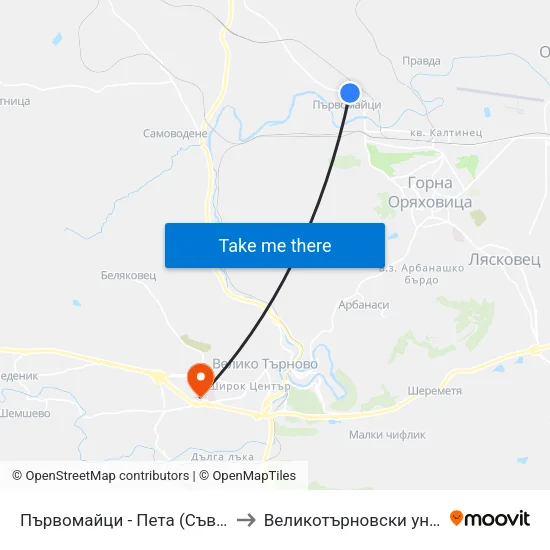 Първомайци - Пета (Съвет) / Parvomaytsi - Fifth to Великотърновски университет Корпус 4 map