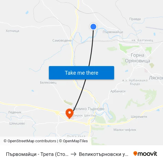 Първомайци - Трета (Стола) / Parvomaytsi - Third to Великотърновски университет Корпус 4 map